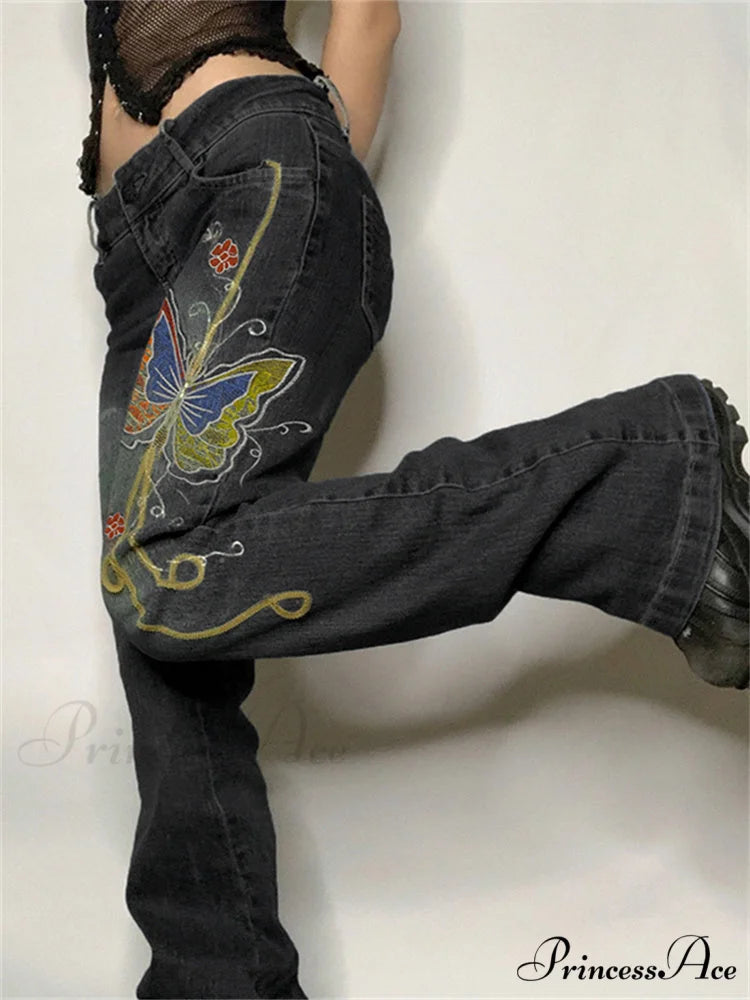 Butterfly Print Y2K Denim Jeans Black / S