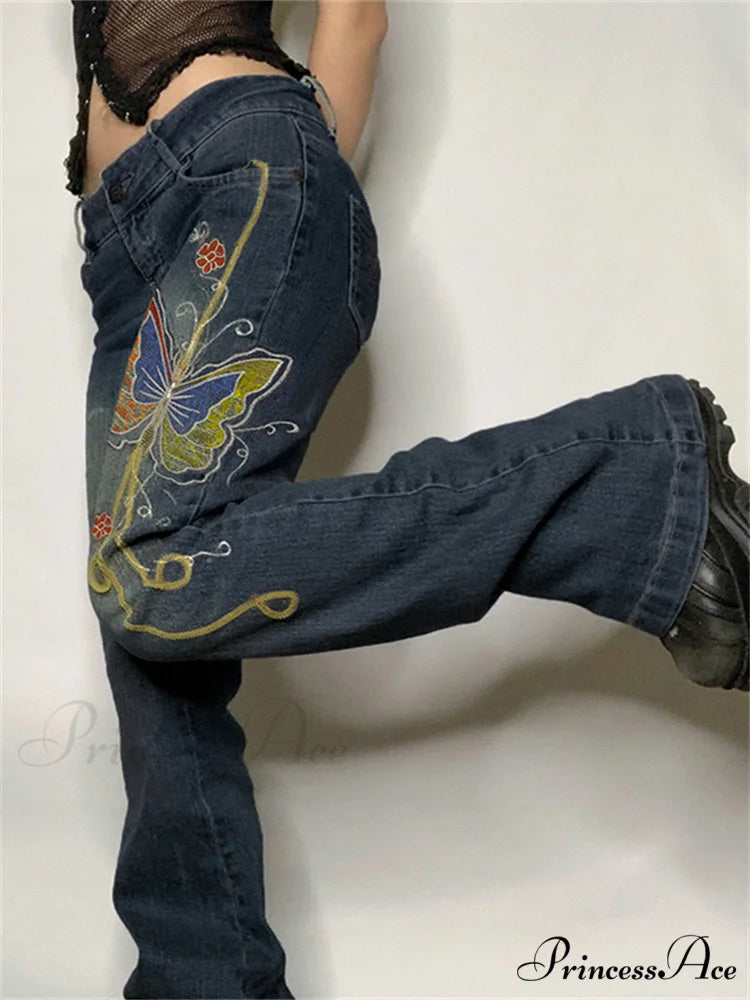 Butterfly Print Y2K Denim Jeans Blue / S