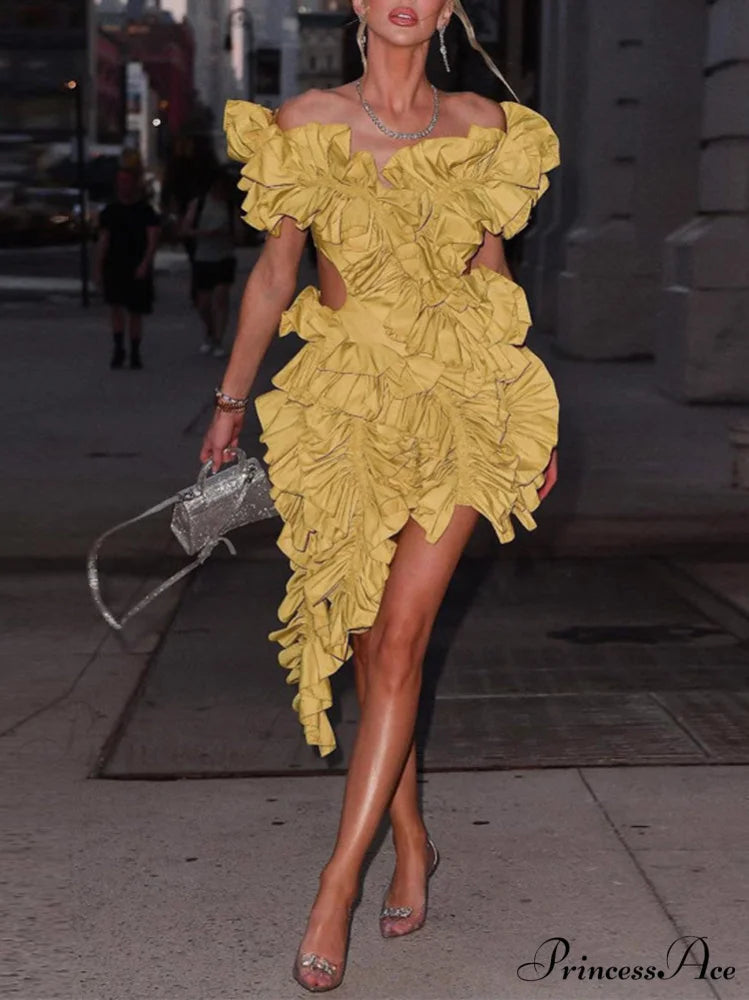 Butterfly Short Sleeve Trendy Bodycon Mini Dress Yellow / S