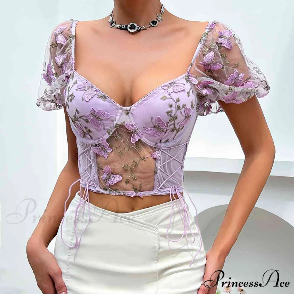 Butterfly Whispers Embroidery Charming Mesh Corset Top Lavender / S
