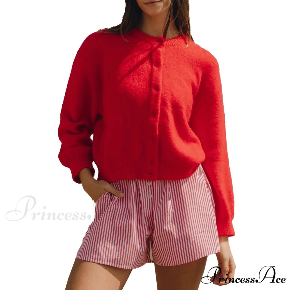 Button Down Airy Knit Cardigan Red / S cardigans-241228