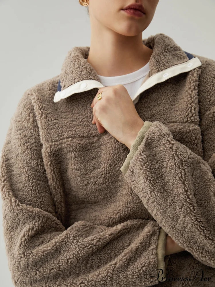 Button Down Collar Trendy Contrast Trim Sherpa Sweater