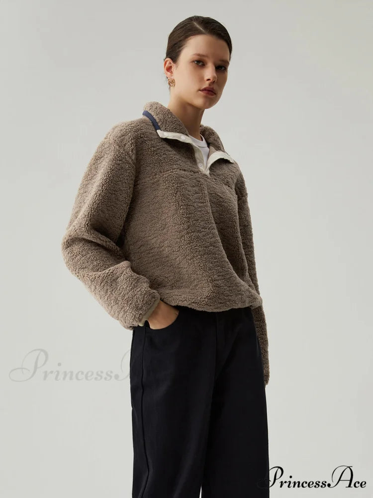 Button Down Collar Trendy Contrast Trim Sherpa Sweater