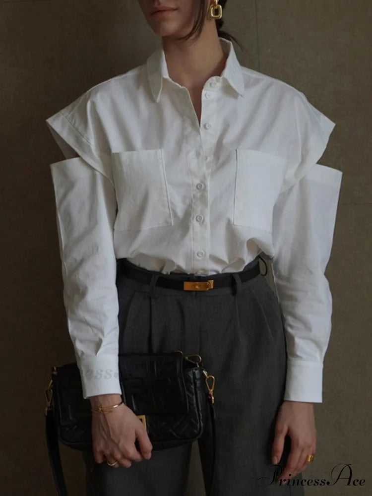 Button Down Cutout Trendy Long Sleeve Shirt White / S