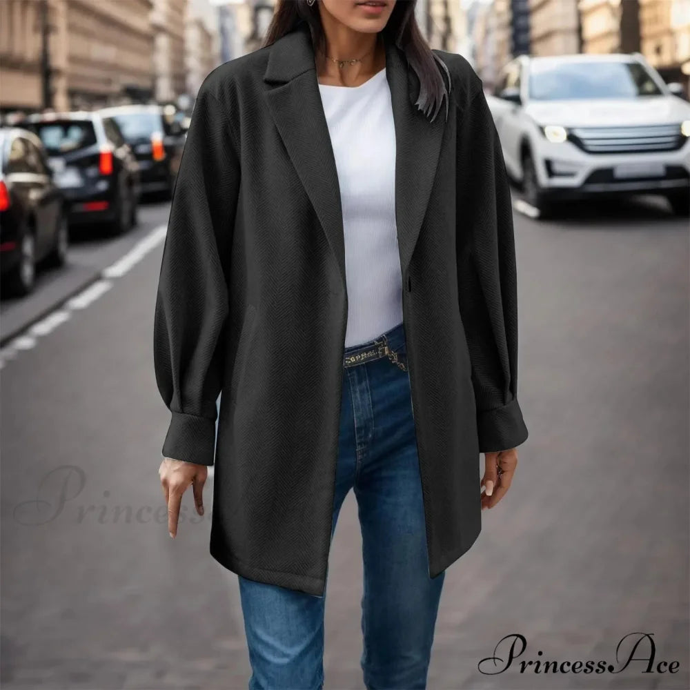 Button Down Fashion Dressy Long Sleeve Pockets Tops Mid Length Chic Stylish Elegant Fashionable Versatile Jacket Black