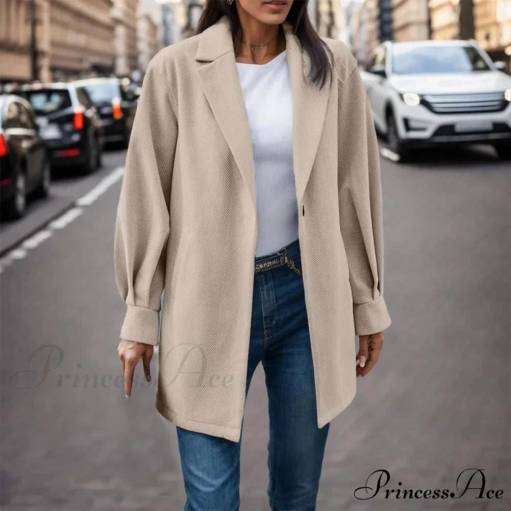 Button Down Fashion Dressy Long Sleeve Pockets Tops Mid Length Chic Stylish Elegant Fashionable Versatile Jacket Khaki