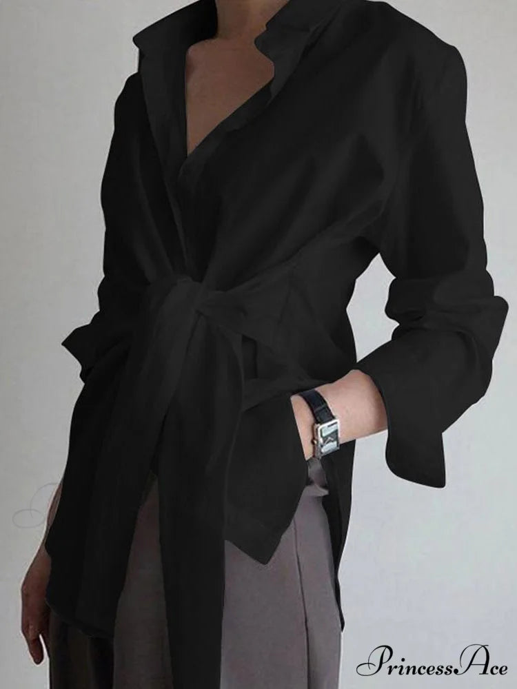 Button Down Graceful Tied Long Shirt Black / XS