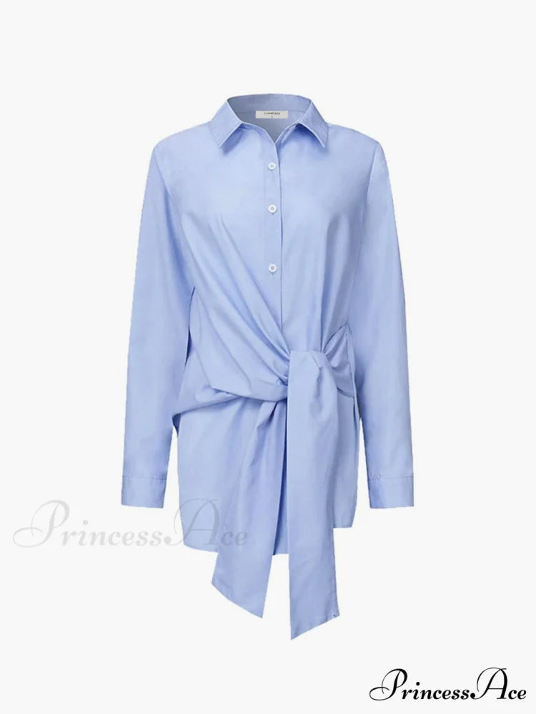 Button Down Graceful Tied Long Shirt Blue / XS