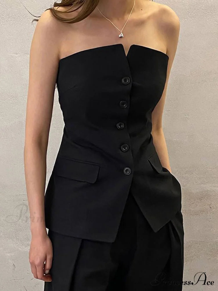 Button Down Graceful Tube Top Black / XS