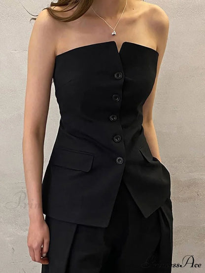 Button Down Graceful Tube Top Black / XS