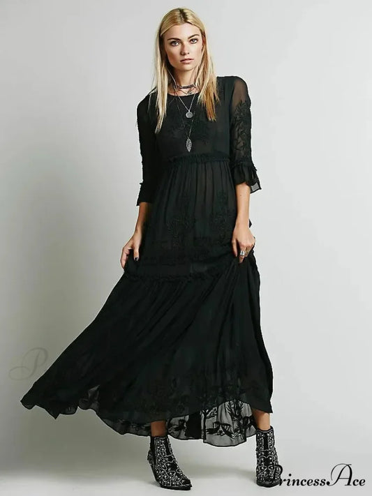Button Down Hollow Embroidery Tall Waist Boho Dress Black / S bohodress-250126