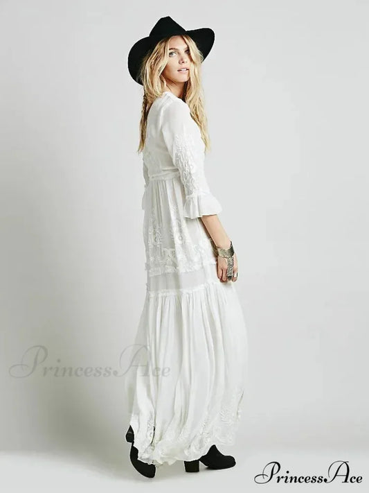 Button Down Hollow Embroidery Tall Waist Boho Dress bohodress-250126