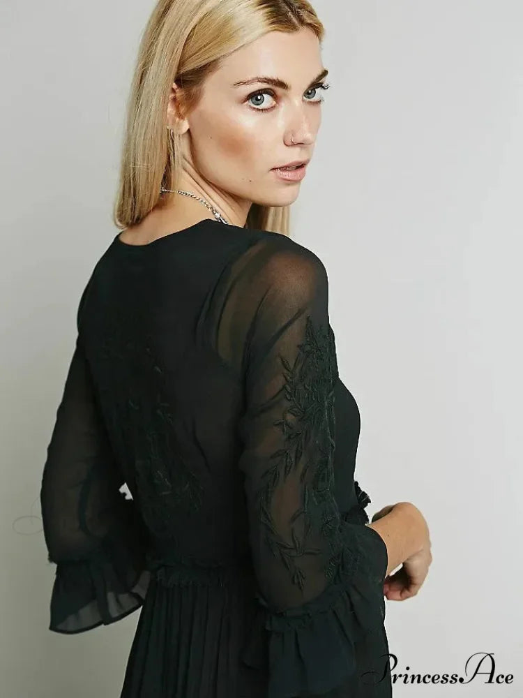 Button Down Hollow Embroidery Tall Waist Boho Dress bohodress-250126