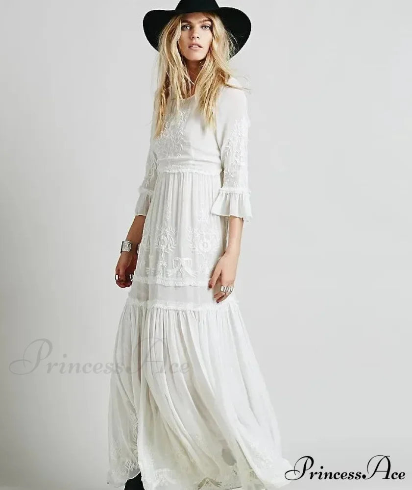 Button Down Hollow Embroidery Tall Waist Boho Dress WHITE / S bohodress-250126