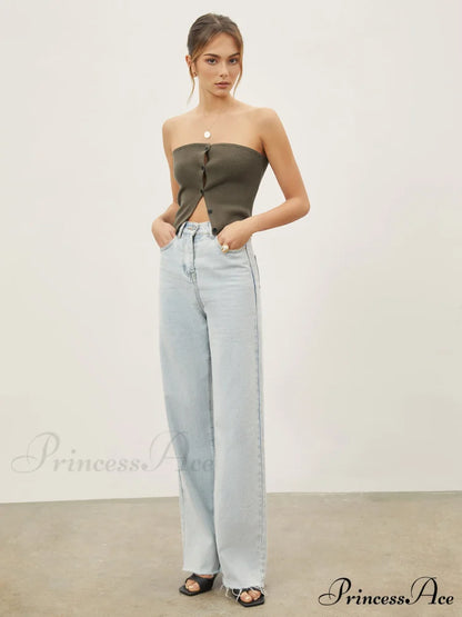 Button Down Knit Trendy Crop Strapeless Tube Top