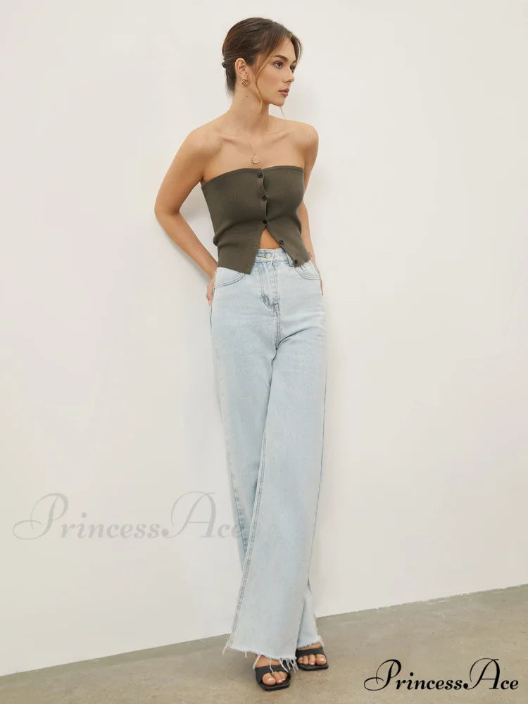 Button Down Knit Trendy Crop Strapeless Tube Top