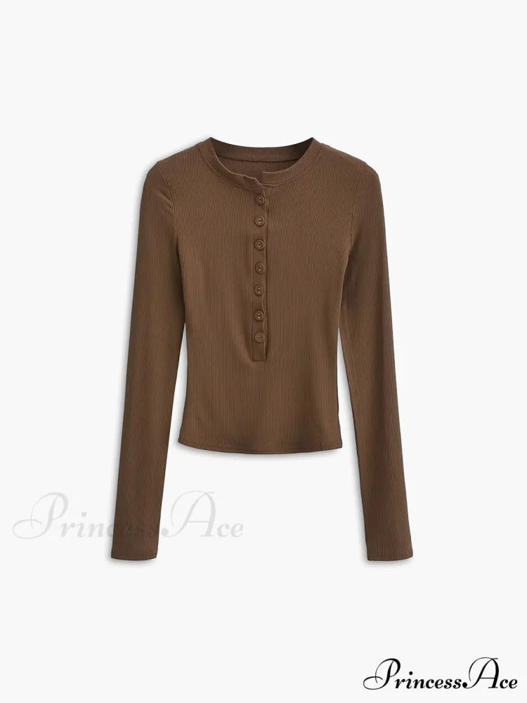 Button Down Long Trendy Sleeve Crop Shirt Dark Brown / XS