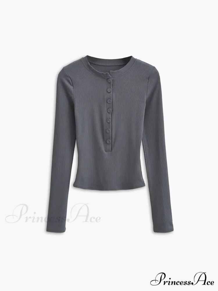 Button Down Long Trendy Sleeve Crop Shirt Grey / XS
