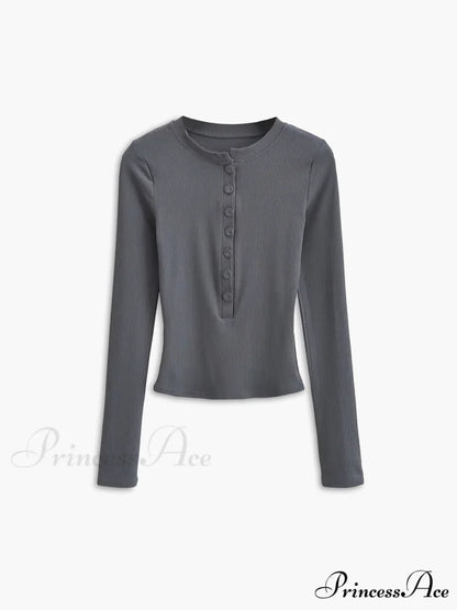 Button Down Long Trendy Sleeve Crop Shirt Grey / XS