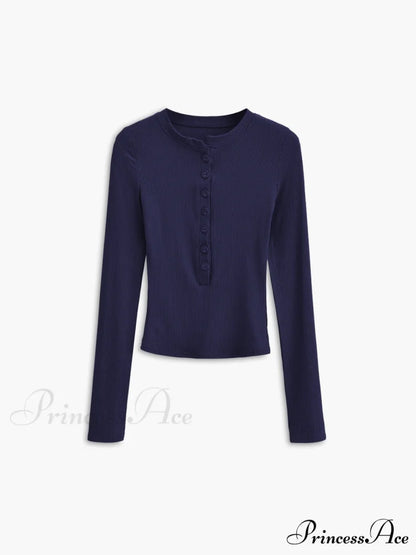Button Down Long Trendy Sleeve Crop Shirt Navy / XS