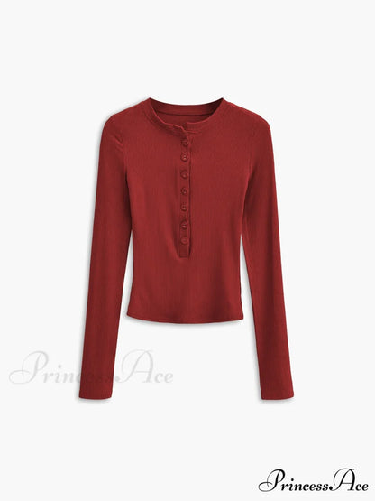 Button Down Long Trendy Sleeve Crop Shirt Red / XS