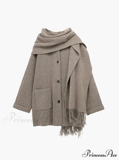Button Down Pocket Coat Modern with Matching Tassel Scarf