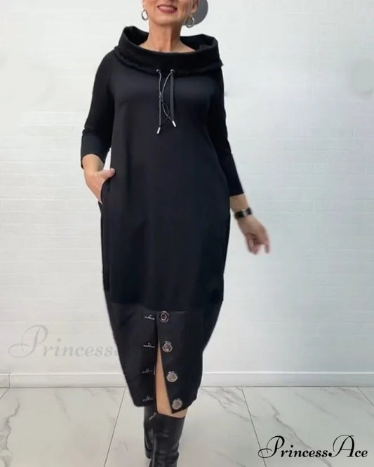 Button Drawstring Dress with Slit Black / S