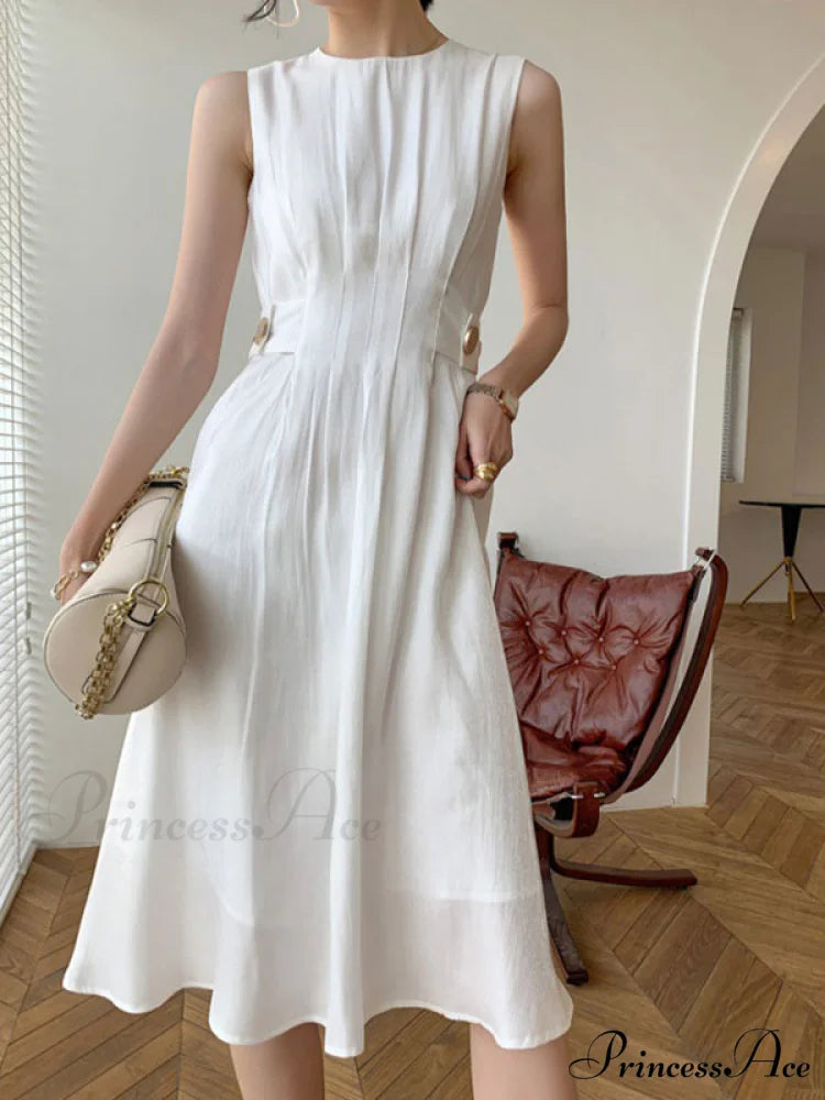 Button Embellished Long Trendy Sleeve Midi Dress White / S