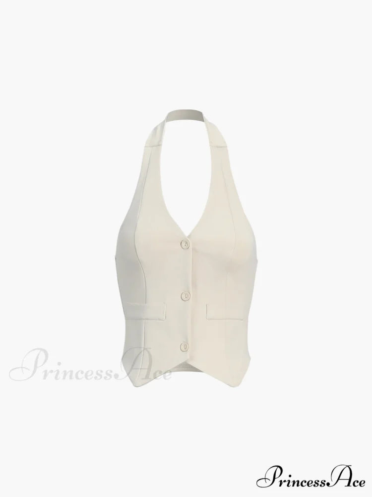 Button Front Halter Neck Backless Classic Vest Blazer With Skirt Set