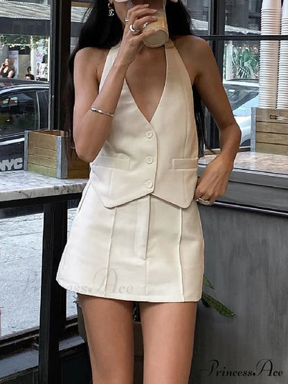 Button Front Halter Neck Backless Classic Vest Blazer With Skirt Set Apricot / XS
