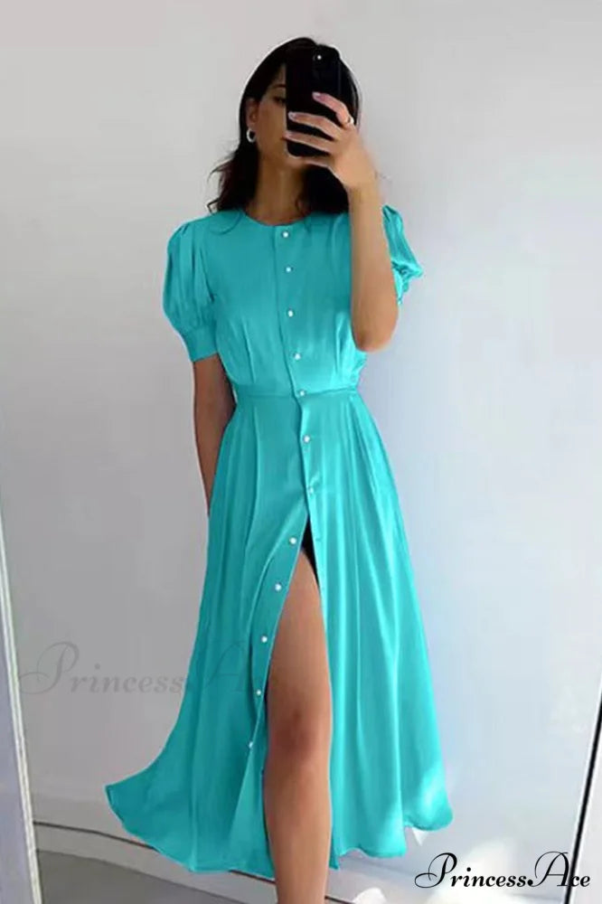 Button Front Stylish Midi Dress S / Aqua