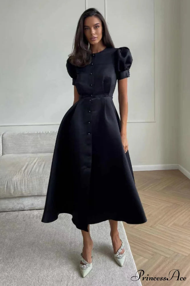 Button Front Stylish Midi Dress S / Black #