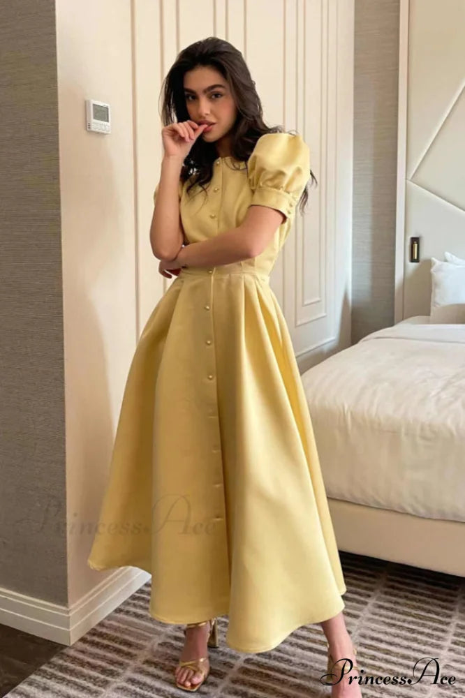 Button Front Stylish Midi Dress S / Lemon