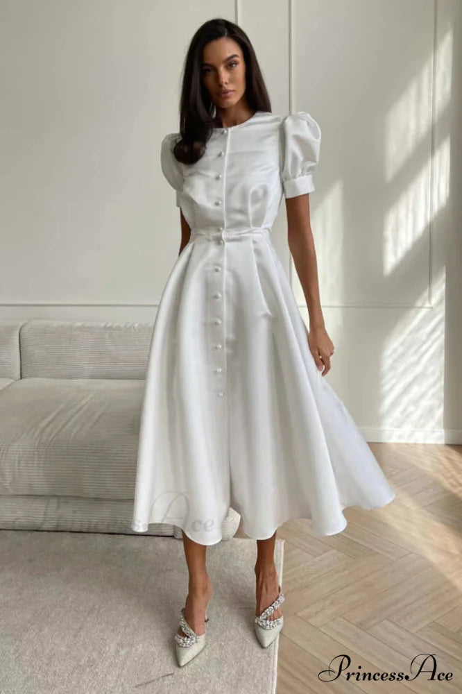 Button Front Stylish Midi Dress S / White