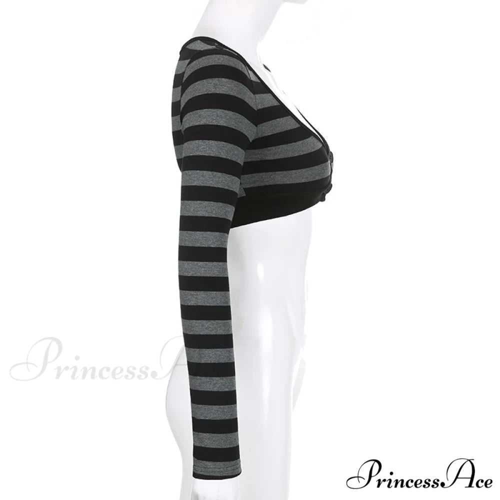 Button Full T Vintage V Crop Top Harajuku Neck Blouse Arm Knitted Women Grunge Tee Striped Y2K Outfits