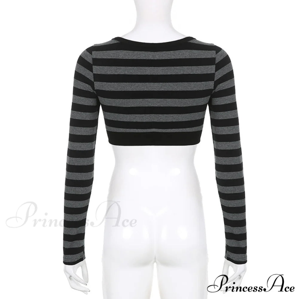 Button Full T Vintage V Crop Top Harajuku Neck Blouse Arm Knitted Women Grunge Tee Striped Y2K Outfits