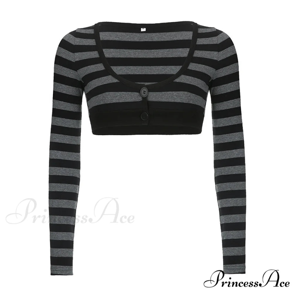 Button Full T Vintage V Crop Top Harajuku Neck Blouse Arm Knitted Women Grunge Tee Striped Y2K Outfits