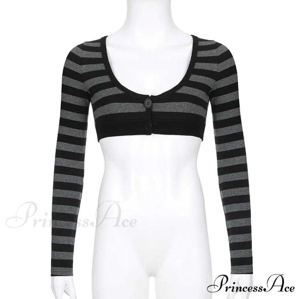 Button Full T Vintage V Crop Top Harajuku Neck Blouse Arm Knitted Women Grunge Tee Striped Y2K Outfits Gray / S