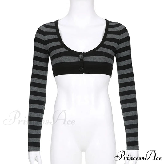 Button Full T Vintage V Crop Top Harajuku Neck Blouse Arm Knitted Women Grunge Tee Striped Y2K Outfits Gray / S