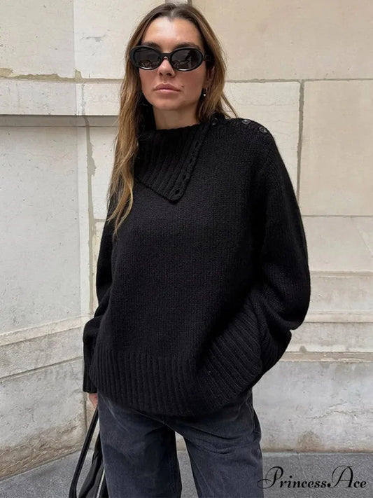 Button High-neck Baggy Pullover Jumper Black / S swraters-241228