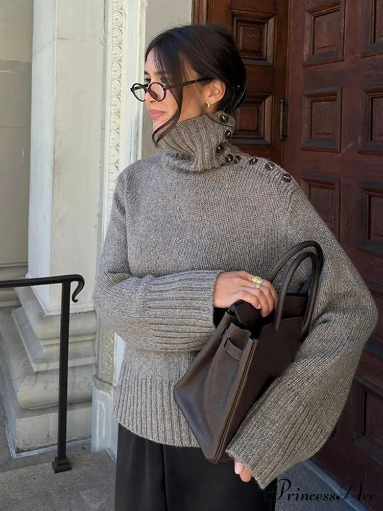 Button High-neck Baggy Pullover Jumper Grey / S swraters-241228