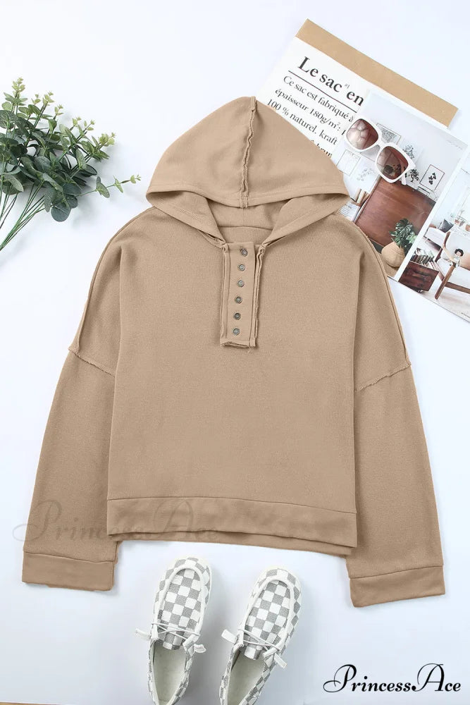 Button Khaki Solid Trim Casual Patchwork Hoodie