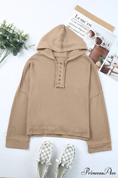Button Khaki Solid Trim Casual Patchwork Hoodie