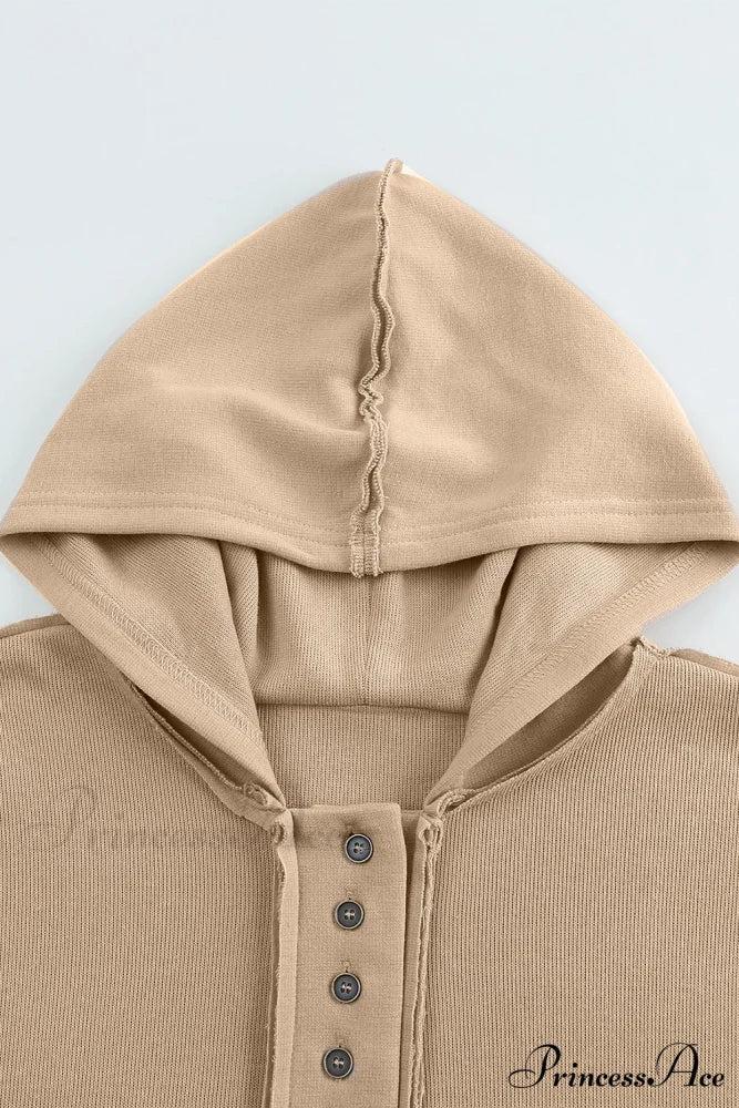 Button Khaki Solid Trim Casual Patchwork Hoodie