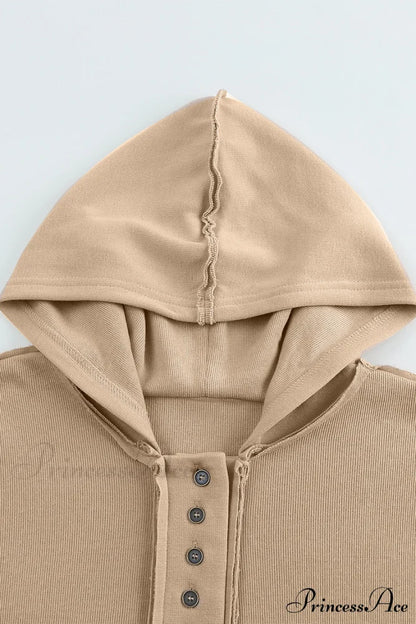 Button Khaki Solid Trim Casual Patchwork Hoodie