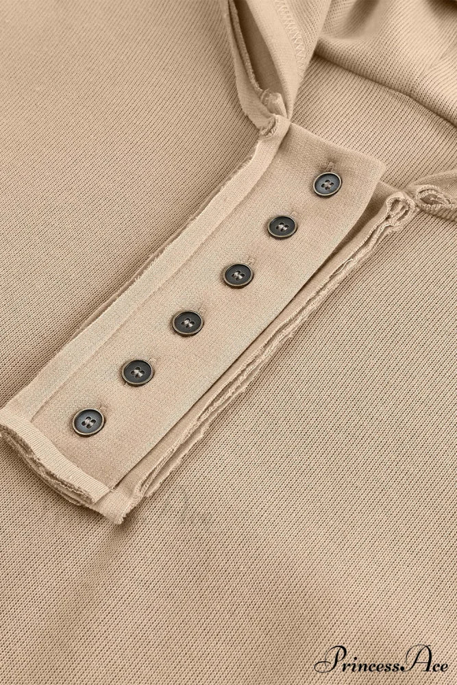Button Khaki Solid Trim Casual Patchwork Hoodie