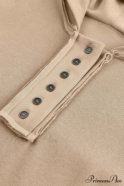 Button Khaki Solid Trim Casual Patchwork Hoodie