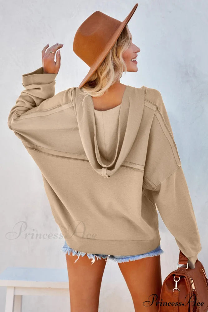 Button Khaki Solid Trim Casual Patchwork Hoodie