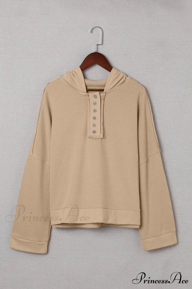 Button Khaki Solid Trim Casual Patchwork Hoodie