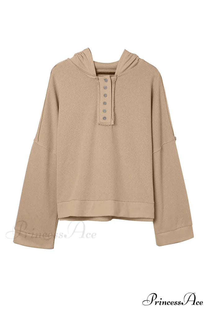 Button Khaki Solid Trim Casual Patchwork Hoodie